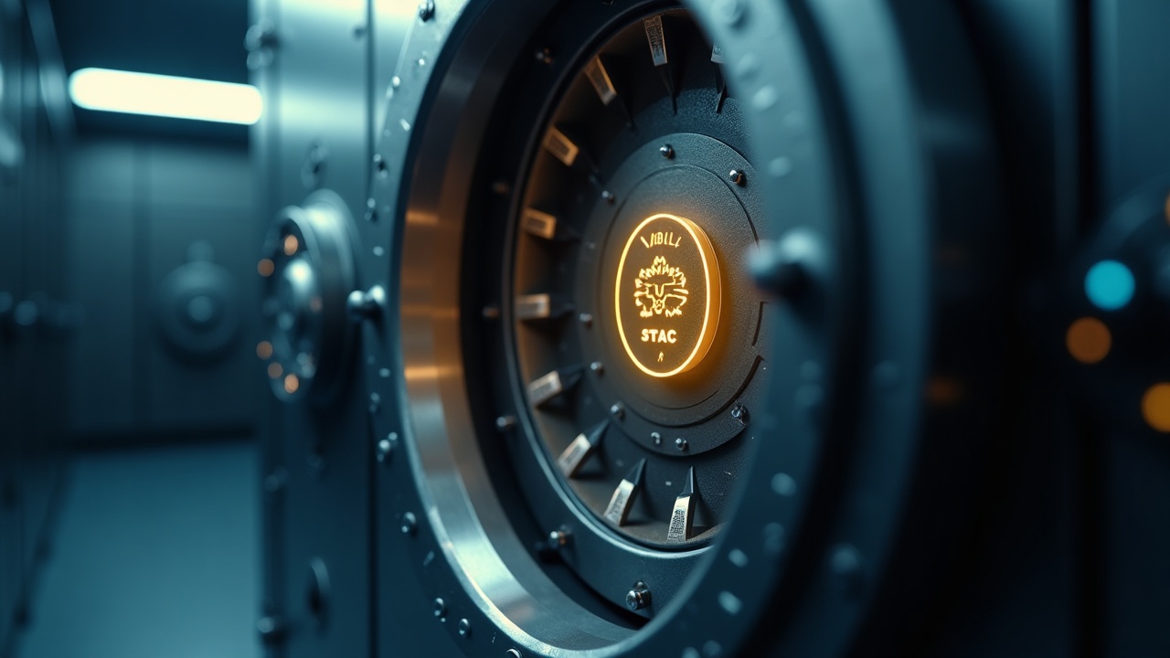 Photorealistic close-up of a high-tech vault with VBILL and STAC tokens passing through a vault-level eligibility gate.