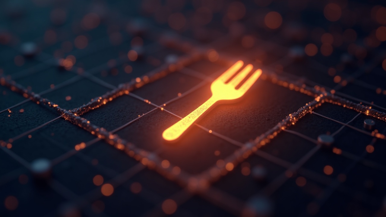 Close-up of a glowing fork icon on a blockchain grid, symbolizing Glamsterdam devnet testing and multi-client coordination.