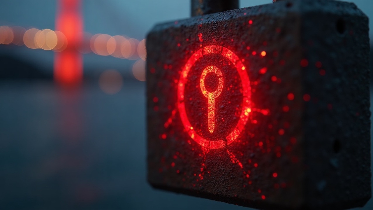 Photorealistic close-up of a cracked signing key icon glowing red with a blurred Gravity Bridge backdrop
