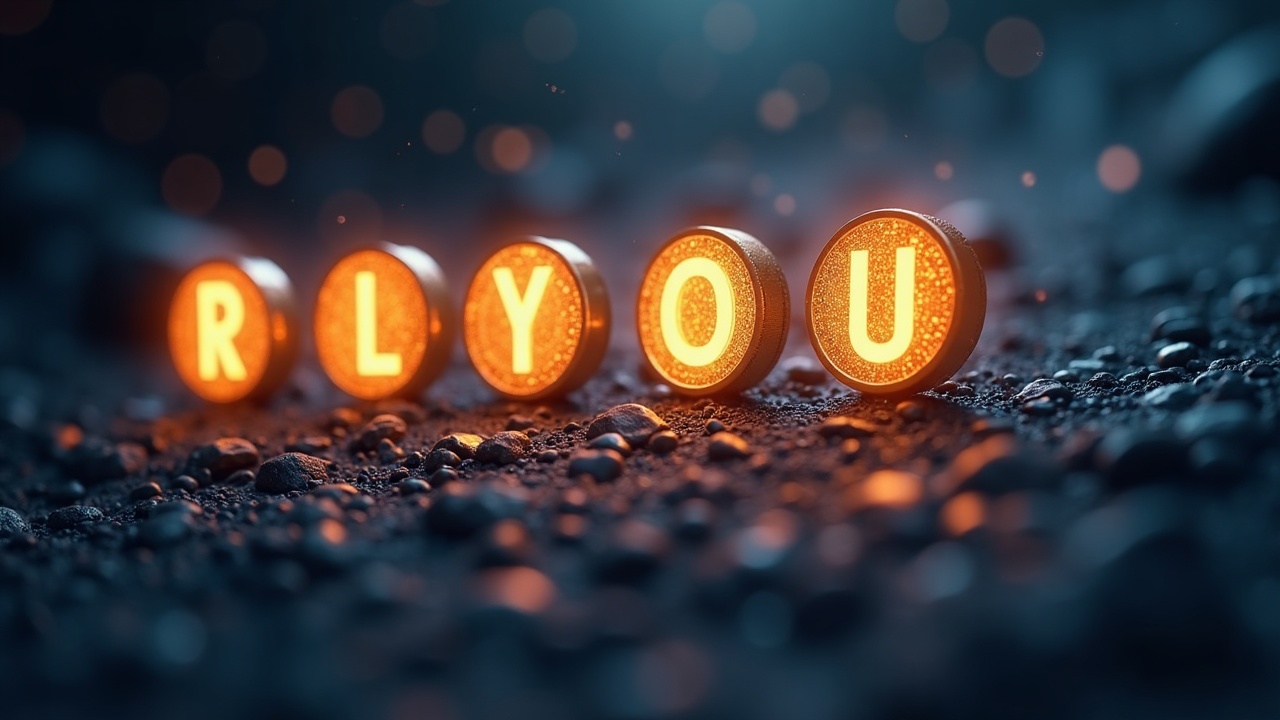 Four glowing crypto tokens RE, ILY, O, and U above a KuCoin-style exchange gateway with converging liquidity streams