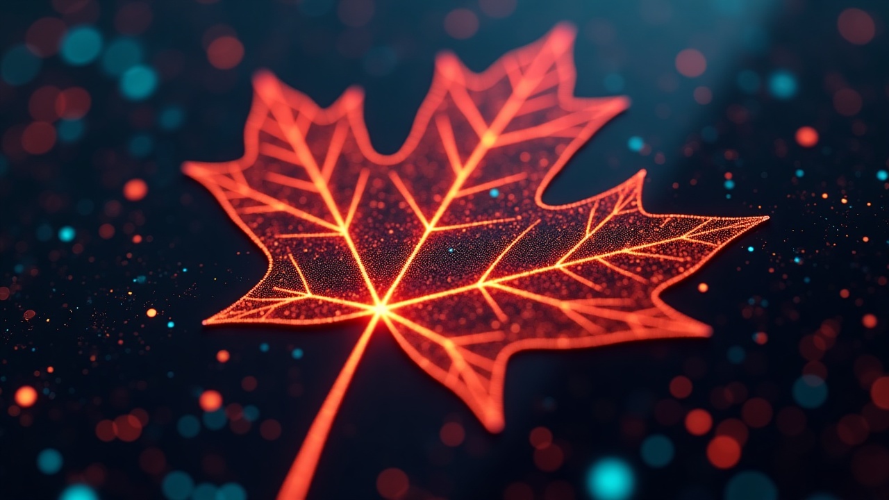 Close-up of a digital vault interface with maple glow and blockchain nodes forming a maple leaf.