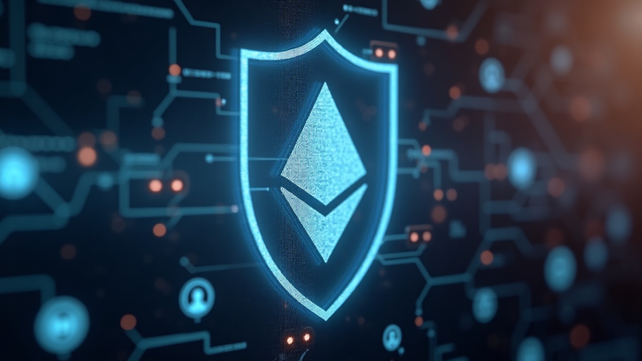 Close-up of a translucent shield securing Ethereum mempool data against a blurred network backdrop