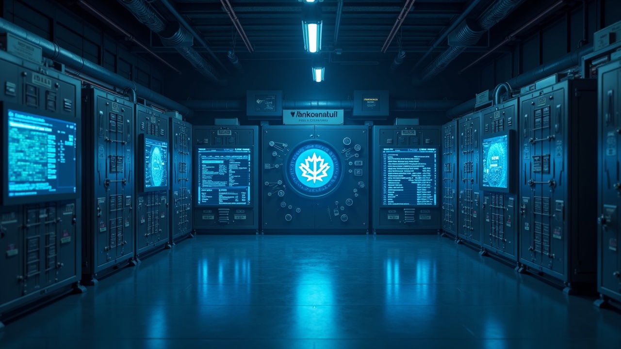 Photorealistic on-chain warehouse with a secure digital vault, live collateral dashboards, Maple and Kraken branding.