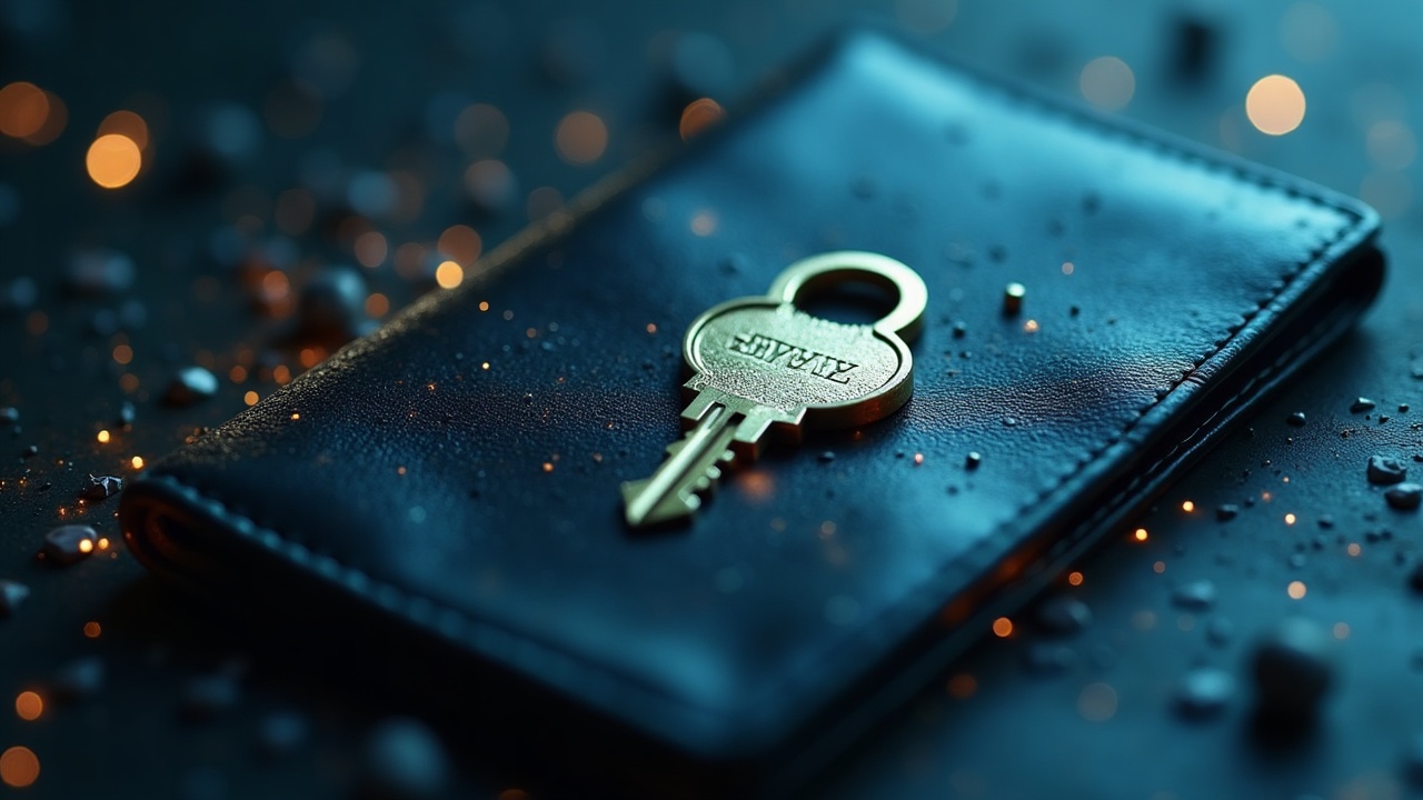 Photorealistic close-up of a cracked private key on a digital wallet, with funds draining to shadowy addresses.