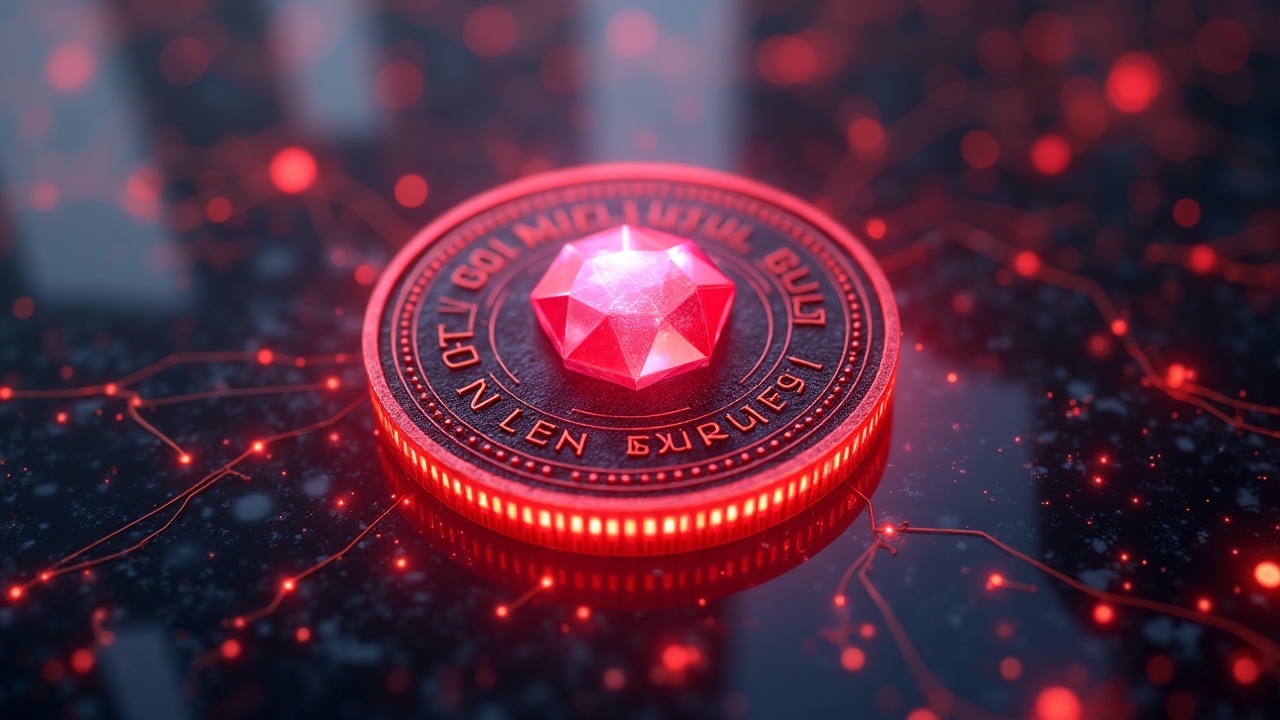 Close-up of a glowing ruby coin orbiting a Nine Chronicles guild crest with holographic UI and blurred blockchain cityscape.