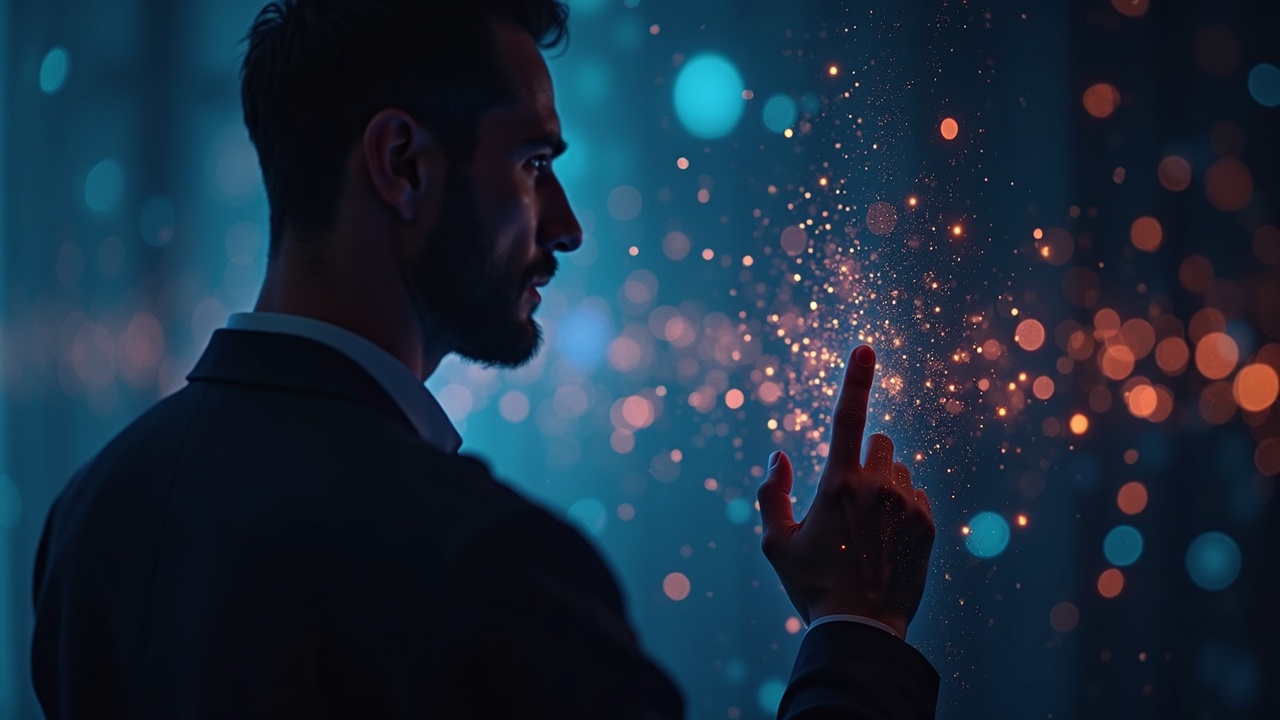 Photorealistic AI agent silhouette interfacing with a glowing blockchain lattice.