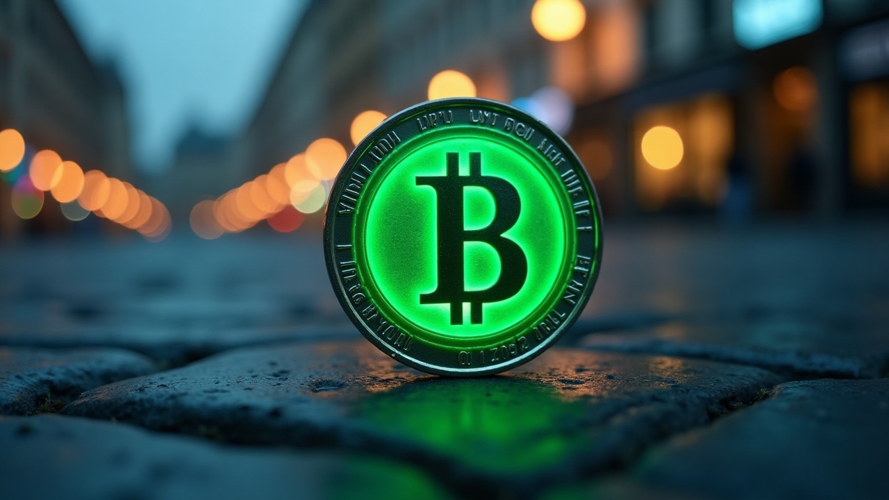 Close-up of an RLUSD token logo with a green approval glow, against a blurred European financial district backdrop.
