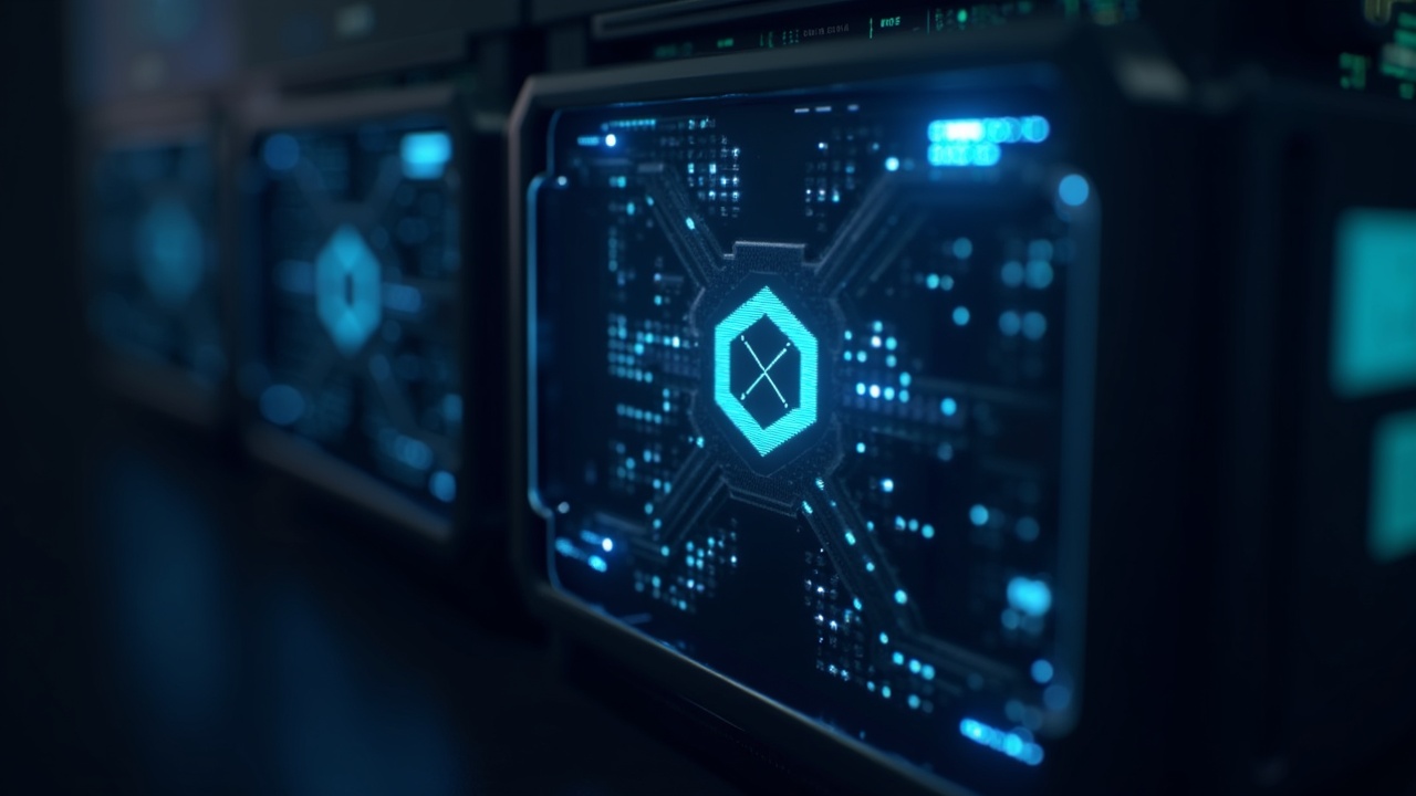 Photorealistic close-up of a Solana-based io.net GPU cluster in a data center with a price-parity badge.