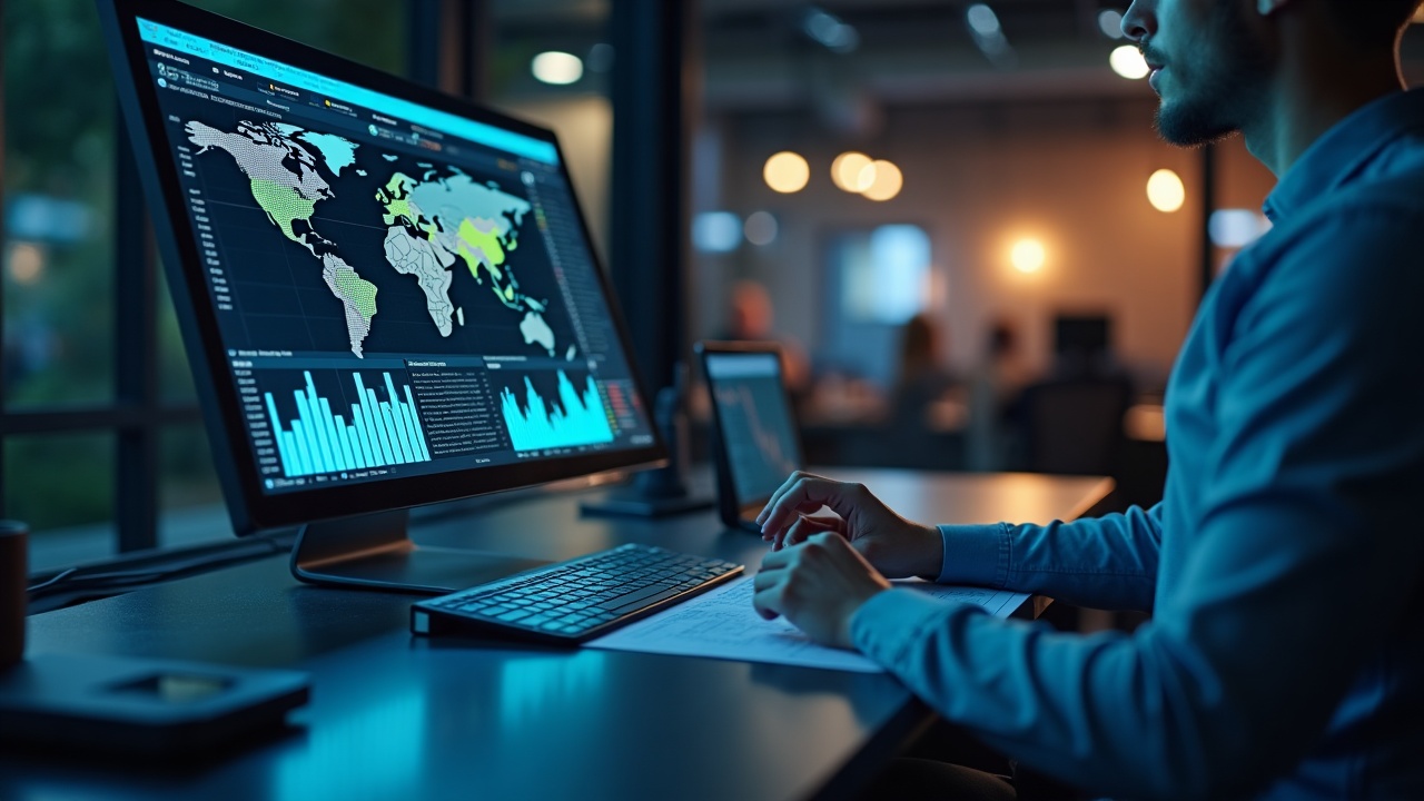 Sleek finance desk with a transparent screen displaying stablecoins and tokenization dashboards; Bitcoin fades in background.