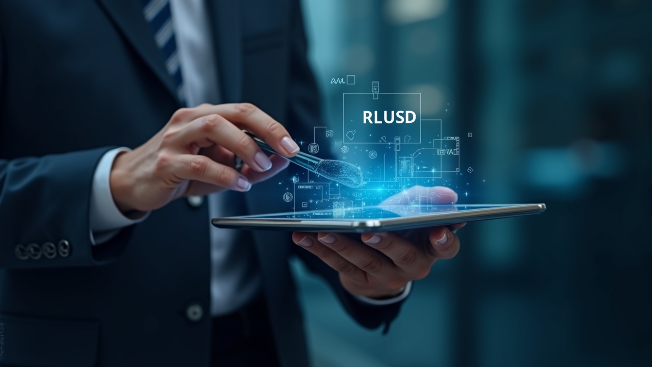 Istanbul business scene: professional reviews an RLUSD ledger on a tablet with BiLira, Bitexen and Bitlo logos