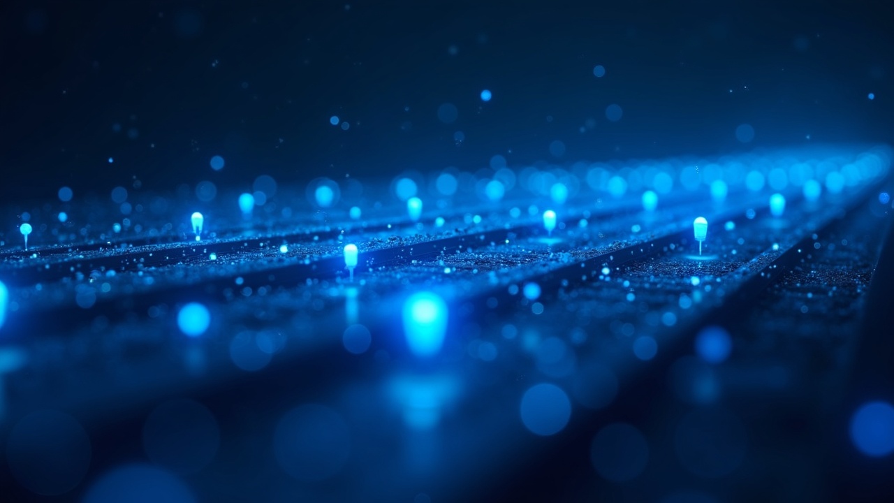 Photorealistic image of glowing blockchain rails powering autonomous AI agents executing transactions, with Algorand-blue accents.