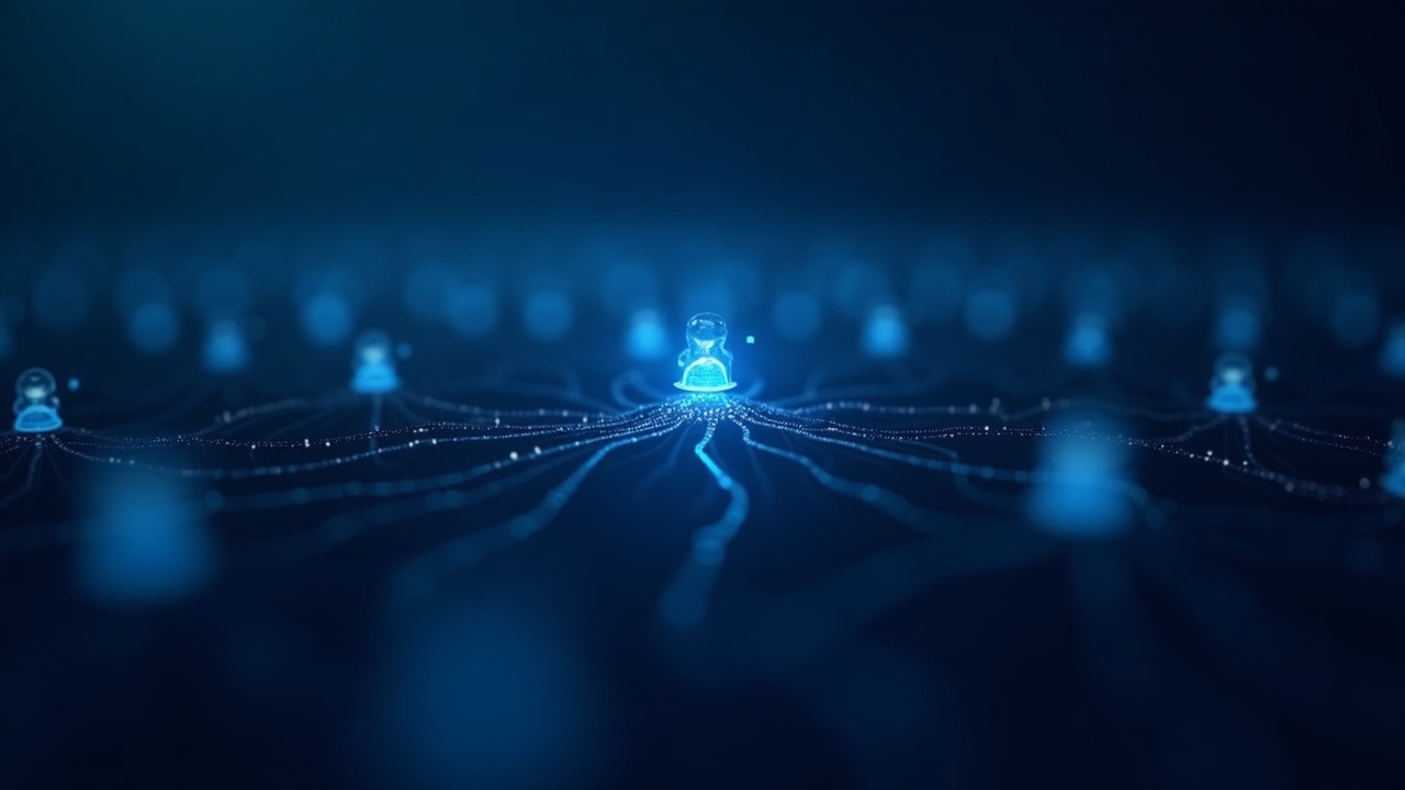 Glowing code line flows from a sandbox icon into a network of crypto agent avatars, showing one-line deployment to millions.