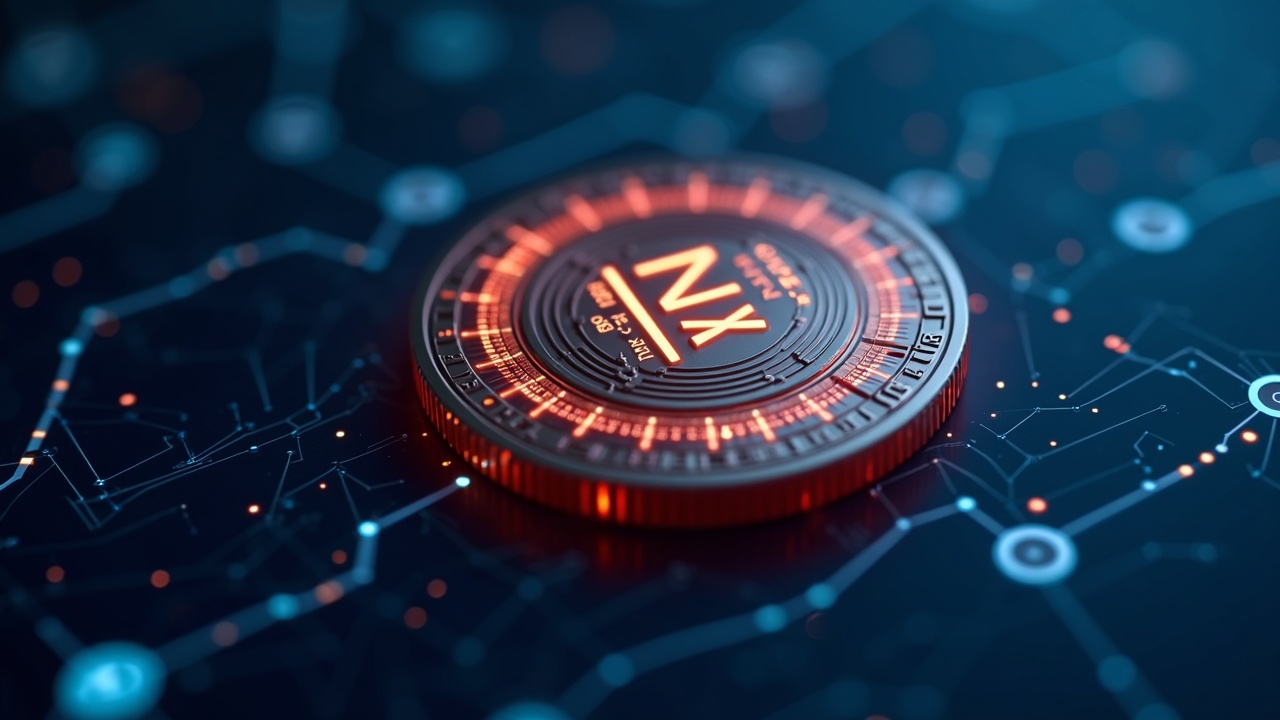 Close-up of a glowing AZX1 security token on a transparent ledger with Chainlink and Avalanche branding.