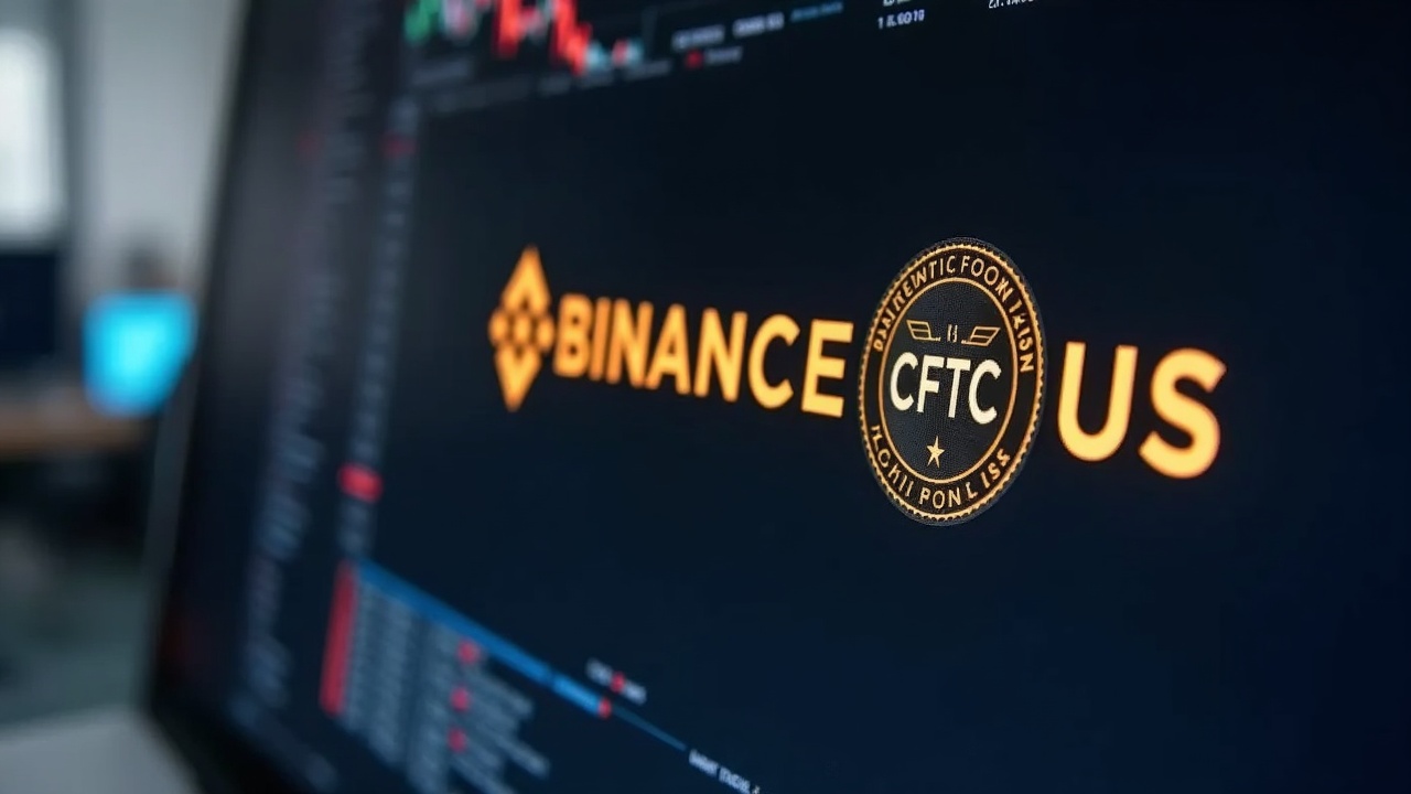 Photorealistic close-up of a Binance.US trading screen with a shimmering CFTC seal and a blurred newsroom background.