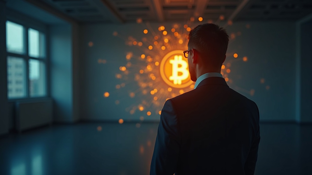 Photorealistic header: executive before a Bitcoin ledger glow, symbolizing BIP-110 governance debate.
