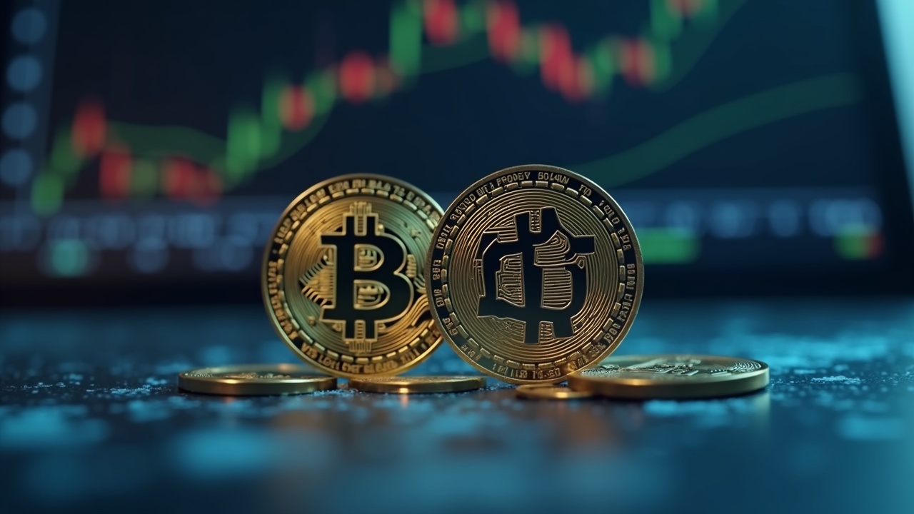 BTC and ETH coins over a trading screen with max-pain markers and a countdown timer