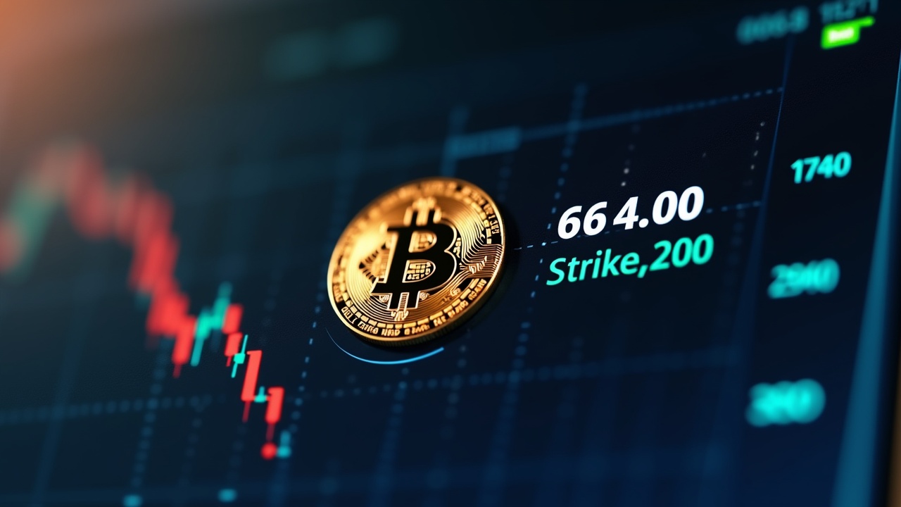 Close-up of a BTC symbol on a trading terminal showing 64k strike and a price pin for max pain.