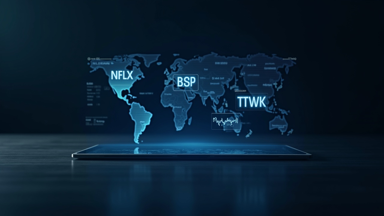 Editorial trading desk with holographic tickers NFLX, BSP and TTWO, Bybit branding, crypto map backdrop