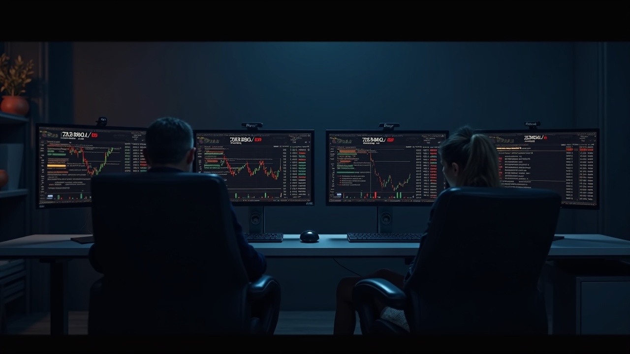 Photorealistic trading desk with Bybit branding; monitors show POPMARTUSDT, TENCENTUSDT, MINIMAXUSDT, ZHIPUUSDT.