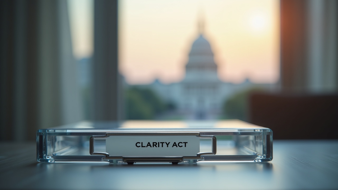 Close-up of a glass folder labeled CLARITY ACT on a desk with a blurred Capitol dome in the background
