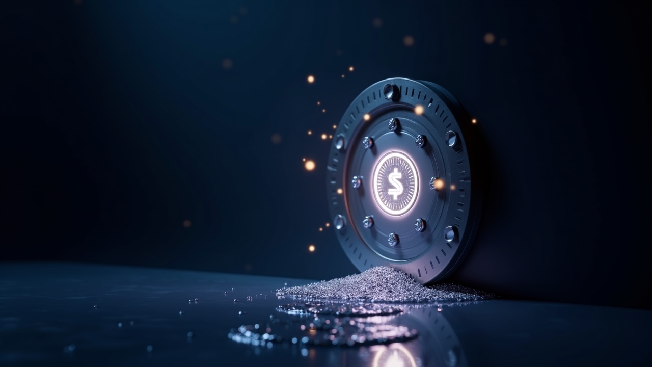 Photorealistic vault door merging with a glowing liquidity pool, featuring Spark and Uniswap logos, for just-in-time stablecoin liquidity.