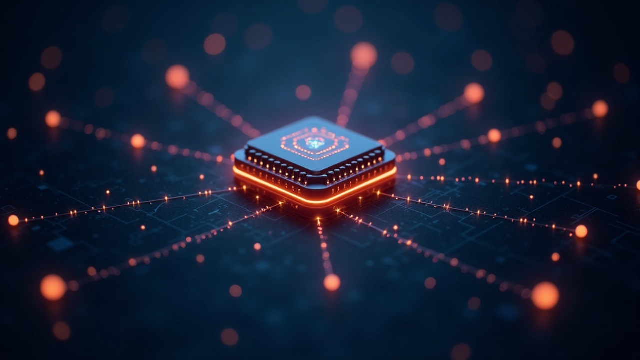Futuristic AI core connected to a network of glowing nodes on a subtle grid, symbolizing decentralized inference on SN53.