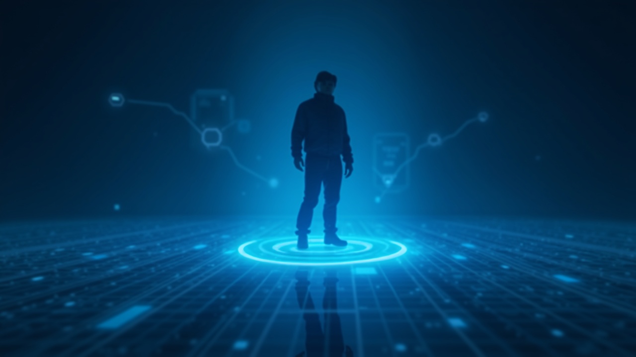 Holographic AI agent silhouette above a translucent blockchain ledger with blue lighting and shield icon