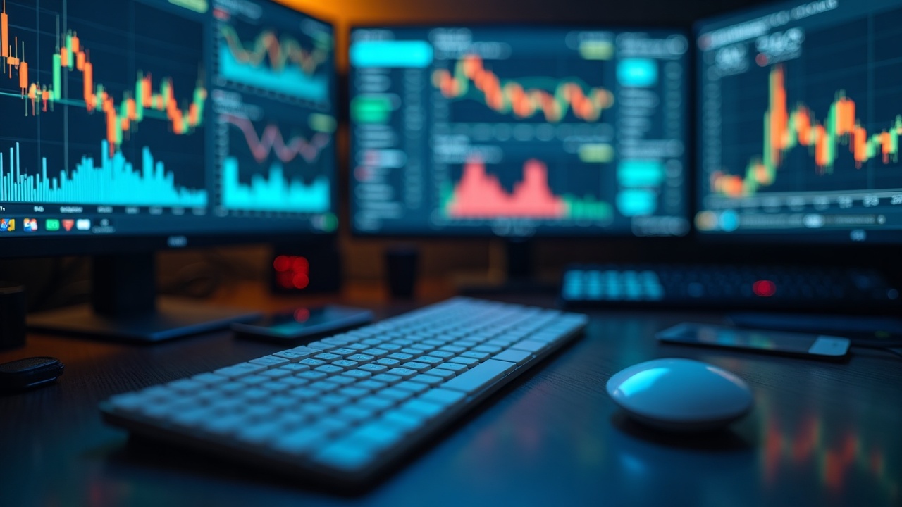 Photorealistic close-up of a modern crypto trading desk with interconnected screens and balance-sheet visuals