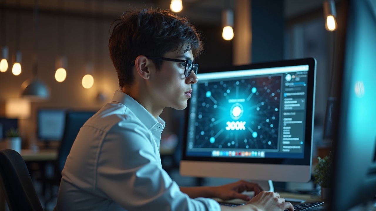 Photorealistic header of a focused founder in a London coworking space, soft lighting, blockchain visuals, and a 300k prize.