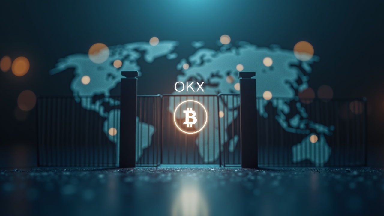 OKX exchange gate guarding a glowing GRVT/USDT symbol against a neutral global backdrop