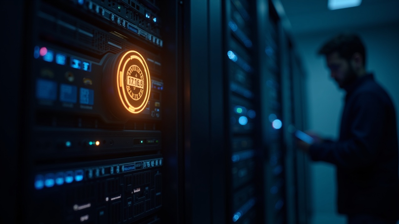 Photorealistic server rack with glowing Pasteur emblem, countdown, and a technician updating v1.7.6 for BSC Chapel testnet.