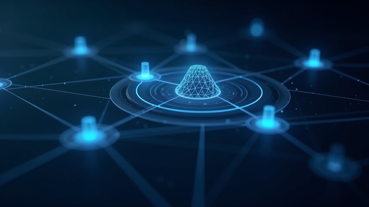 Photorealistic close-up of an AI agent interface linking multiple blockchain networks with glowing interconnected nodes.