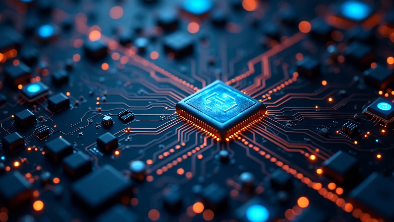 Photorealistic close-up of a blockchain server with glowing circuits forming a neural network for on-chain AI inference.