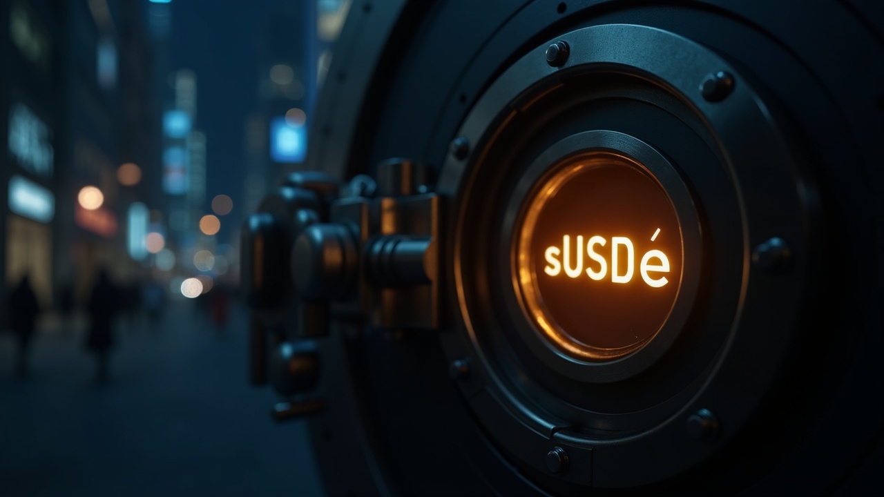 Photorealistic vault opening reveals Ethena sUSDe glow beneath the Robinhood Chain logo, with a blurred city background.