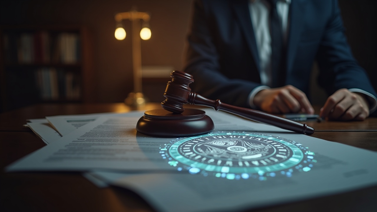 Courthouse desk with legal papers and a glowing digital ledger signaling the SEC-Coinbase settlement and regulatory accountability.