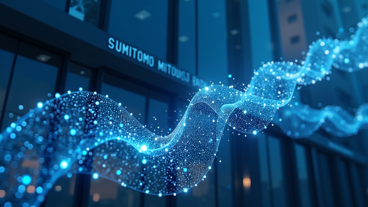 SMTB building connected to Ethereum network nodes via a glowing ribbon, symbolizing tokenized money market funds