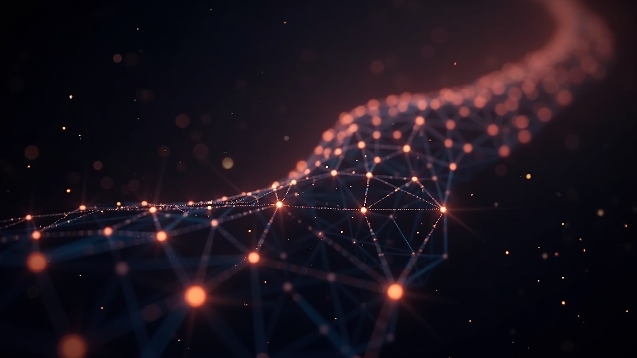 Photoreal Tezos network of glowing nodes with adaptive issuance arrows, highlighting on-chain governance.