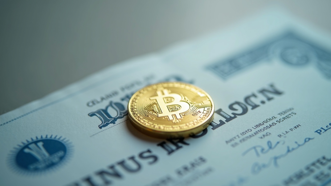 Close-up of a 1:1-backed token above a stock certificate on a clean blockchain backdrop with soft lighting.