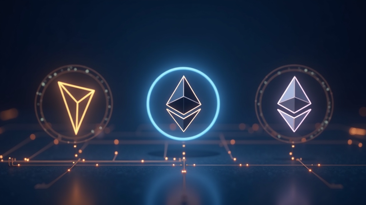 Photorealistic header with TRON, TON, and Ethereum logos linked by a glowing Omniston HTLC path.