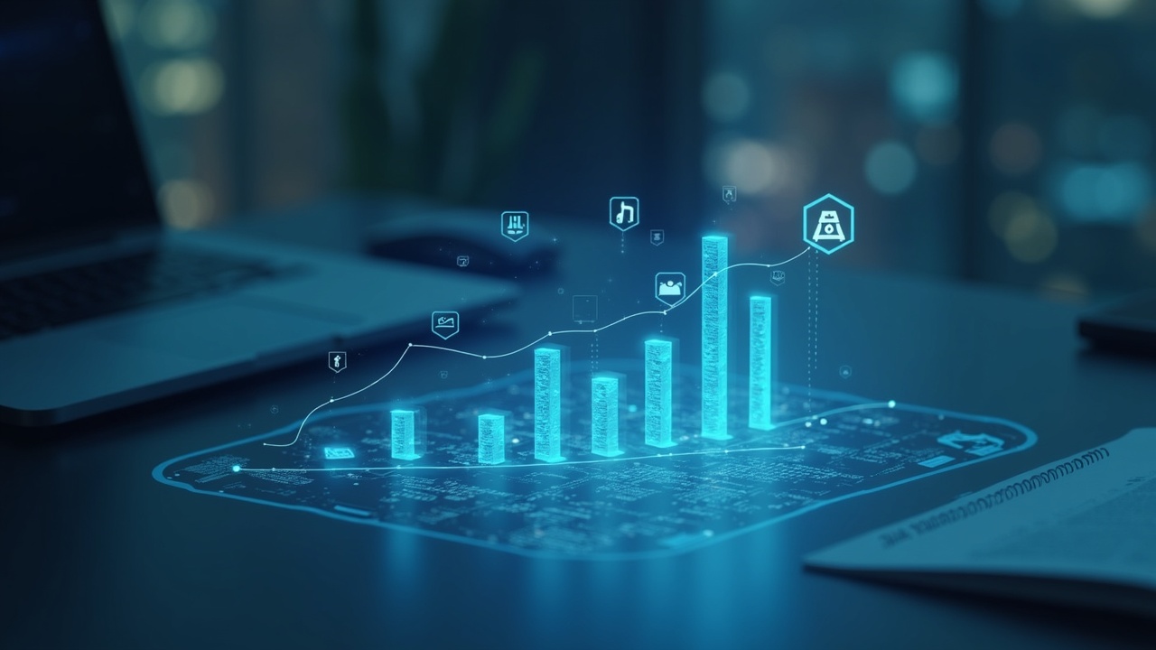 Photorealistic desk scene of an on-chain AI agent beside a transparent ledger and DAO governance icons