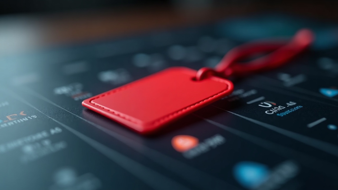 Photorealistic editorial of a red Monitoring Tag badge with holographic icons for GLMR, ICX, MOVR, RARE, SOPH on a softly blurred trading desk.