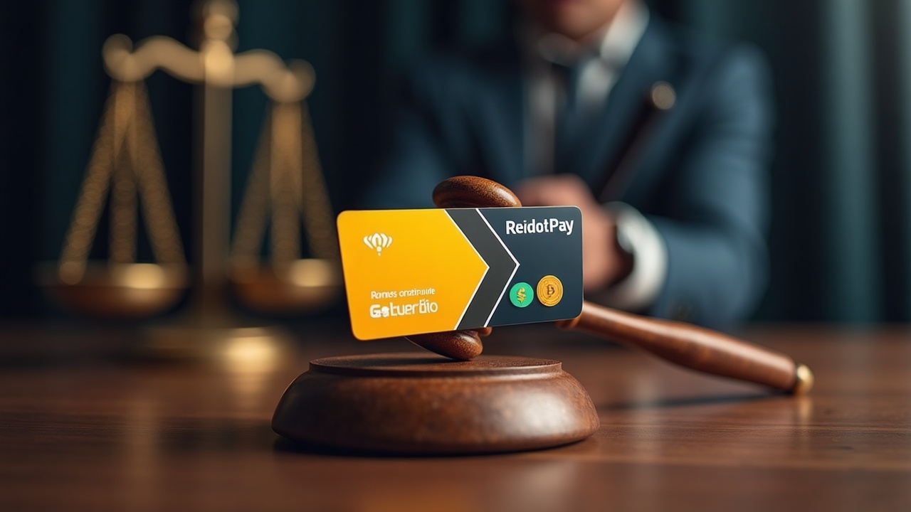 Courtroom gavel with cryptocurrency icons and a diverted arrow from Binance Card to RedotPay, in neutral lighting.