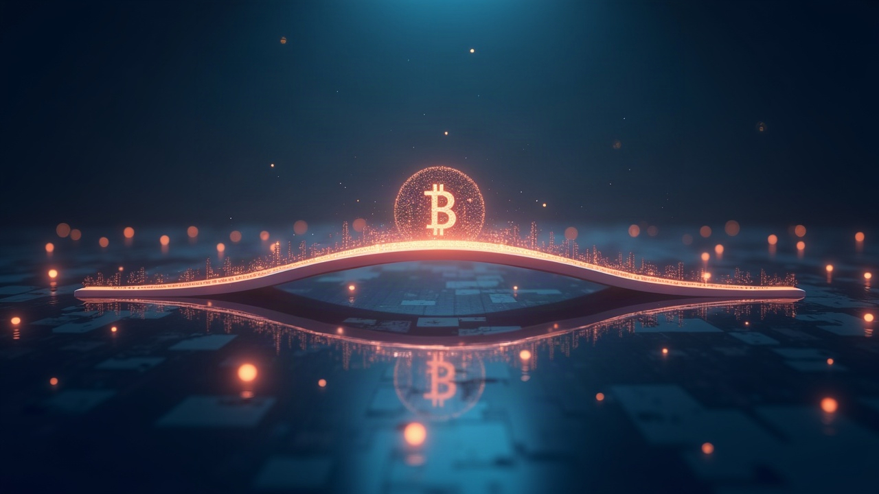 Photorealistic glowing bridge between on-chain tokens and USDC, with HYB, ACRDX, JAAA, JTRSY icons.