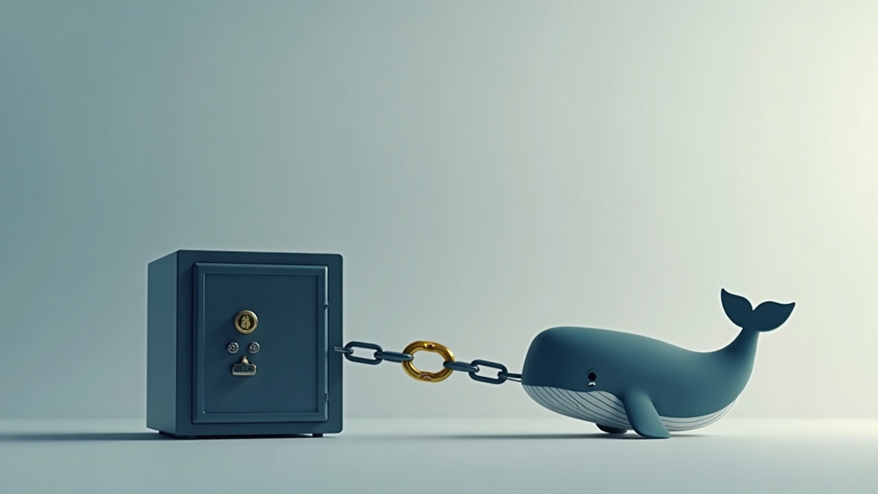 Photorealistic Chainlink whale moving LINK to a Gnosis Safe for self-custody, with stacked LINK and a subtle Binance badge.