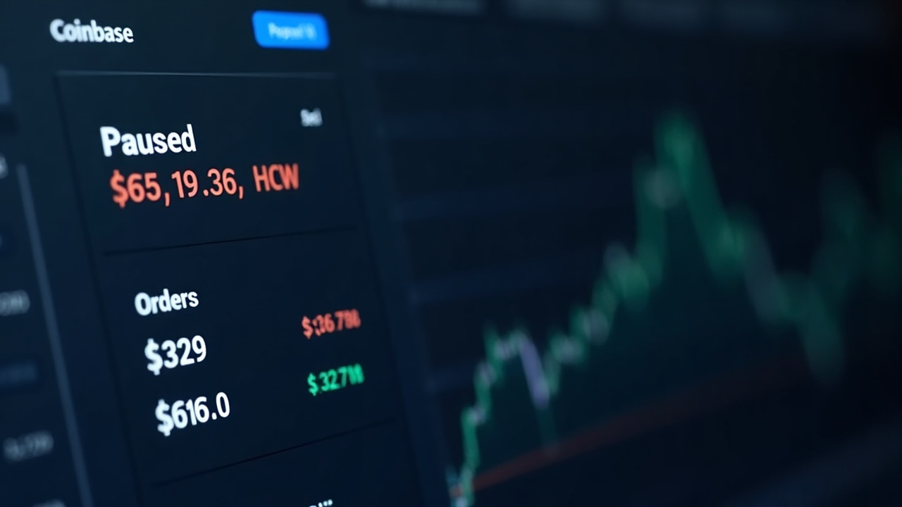 Editorial crypto-exchange dashboard showing paused trading pairs and limit-order mode with Coinbase branding.