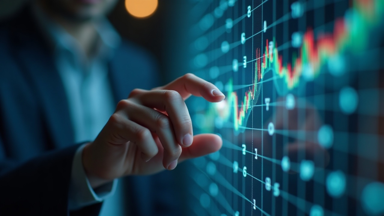 Photorealistic close-up of an AI trading agent at a glass screen showing a decentralized prediction market with soft lighting