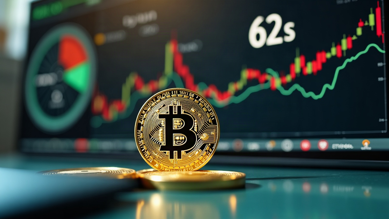 Close-up of Bitcoin logo on a glass desk with a rising Fear & Greed index at 62 and ETF inflow arrows.