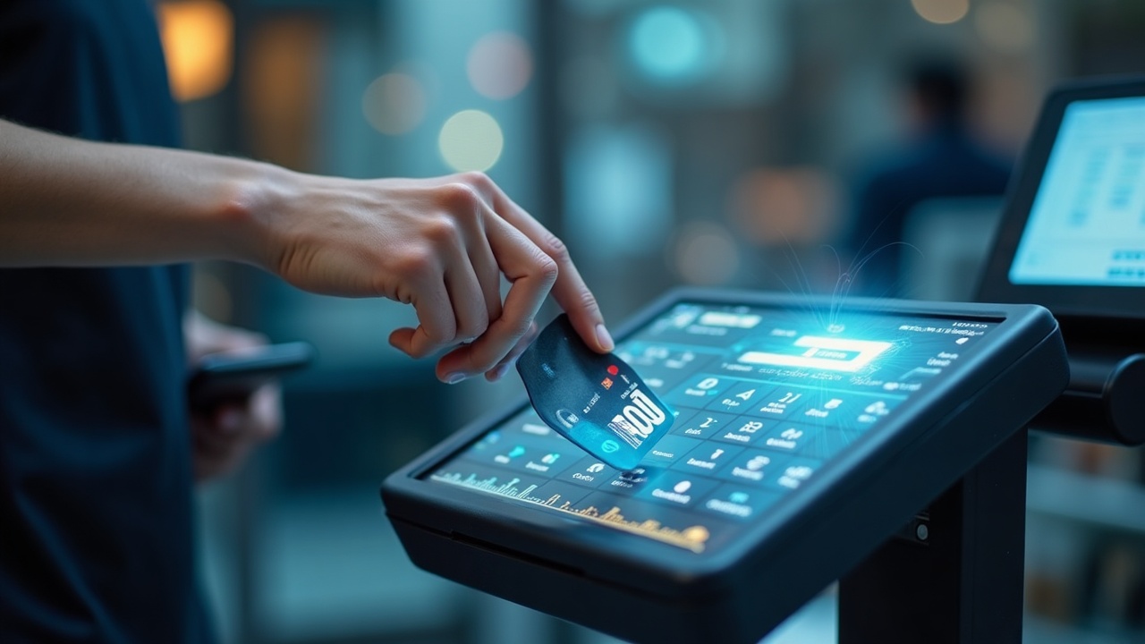 Photoreal AI agent at a checkout terminal completing an on-chain payment.