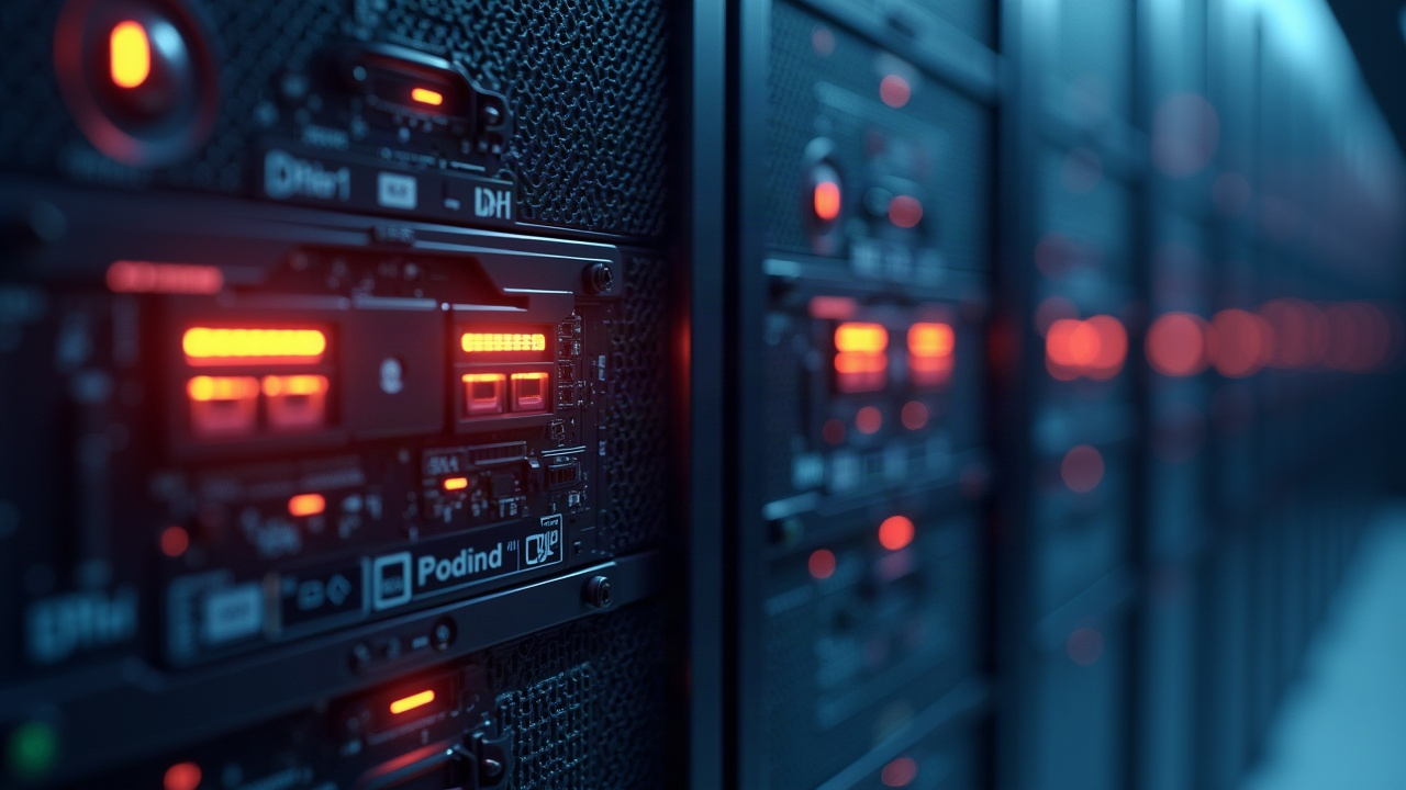 Close-up of sleek GPU servers forming a glowing decentralized network for AI inference.