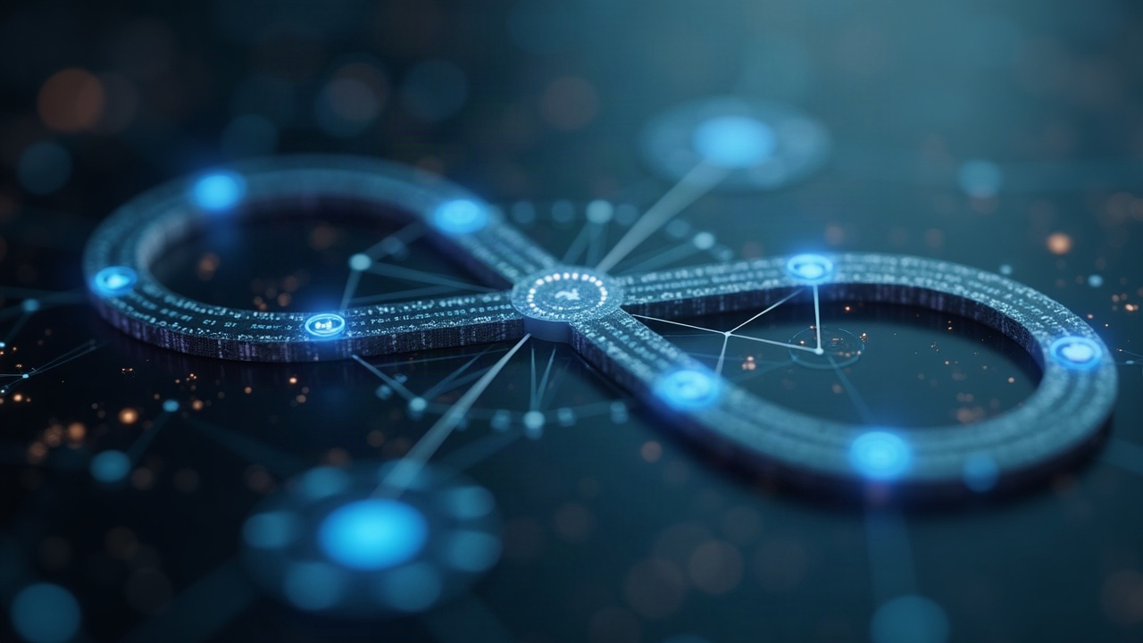 Photorealistic close-up of a central liquidity hub with an infinity loop feeding CRCLB/USDT, MUB/USDT and GMEB/USDT icons.